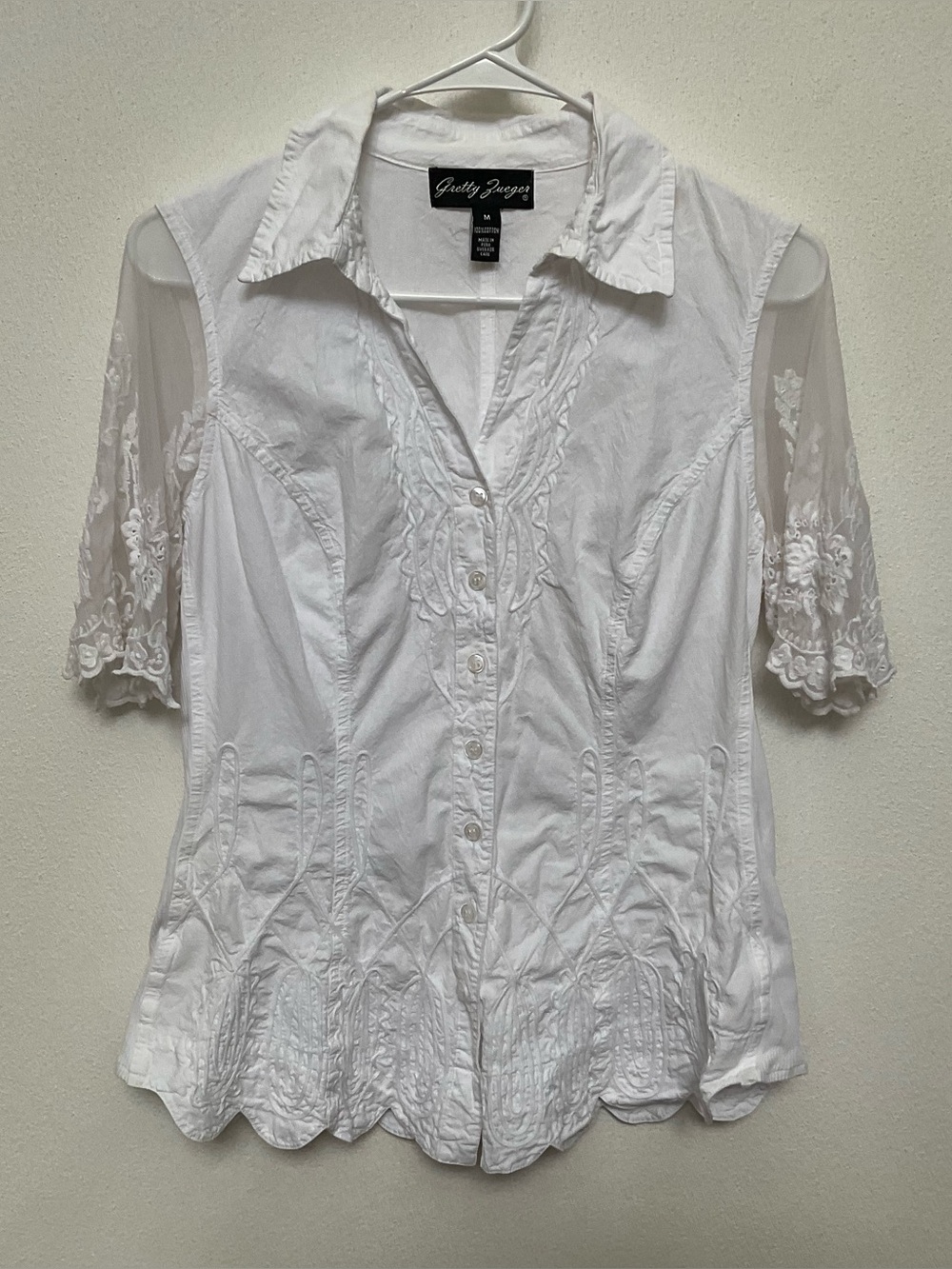 Gretty Zueger White 100% Cotton Allie Blouse Sheer Lace Sleeves Size Medium